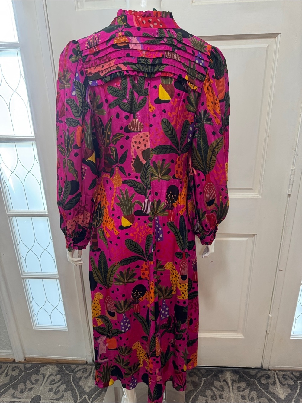 Farm Rio Jungle Print Maxi Dress Womens Pink Leopard Monkey Long Sleeve Sz S - Picture 11 of 16